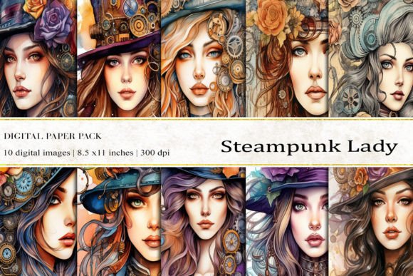 Steampunk Lady Digital Papers for Unique Backgrounds